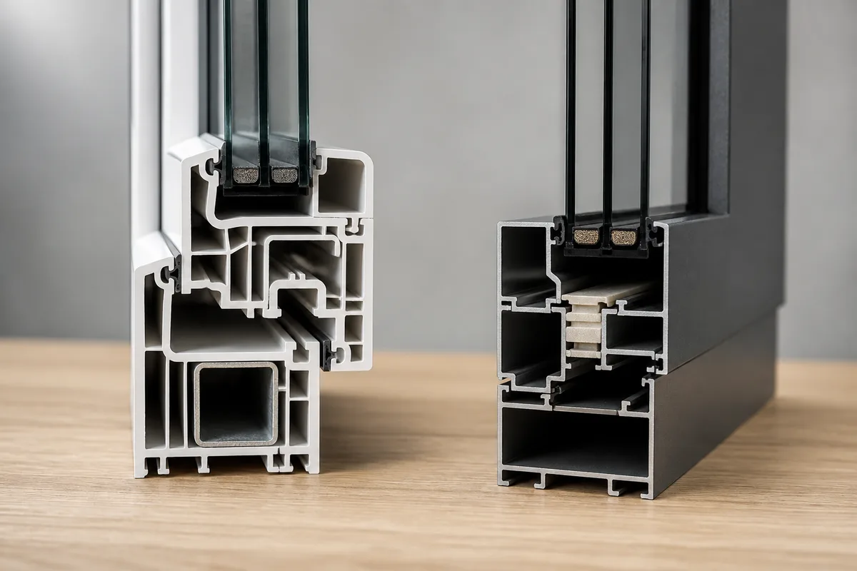 Comparaison de deux profilés de fenêtre en coupe, PVC blanc à chambres multiples et aluminium gris à rupture de pont thermique