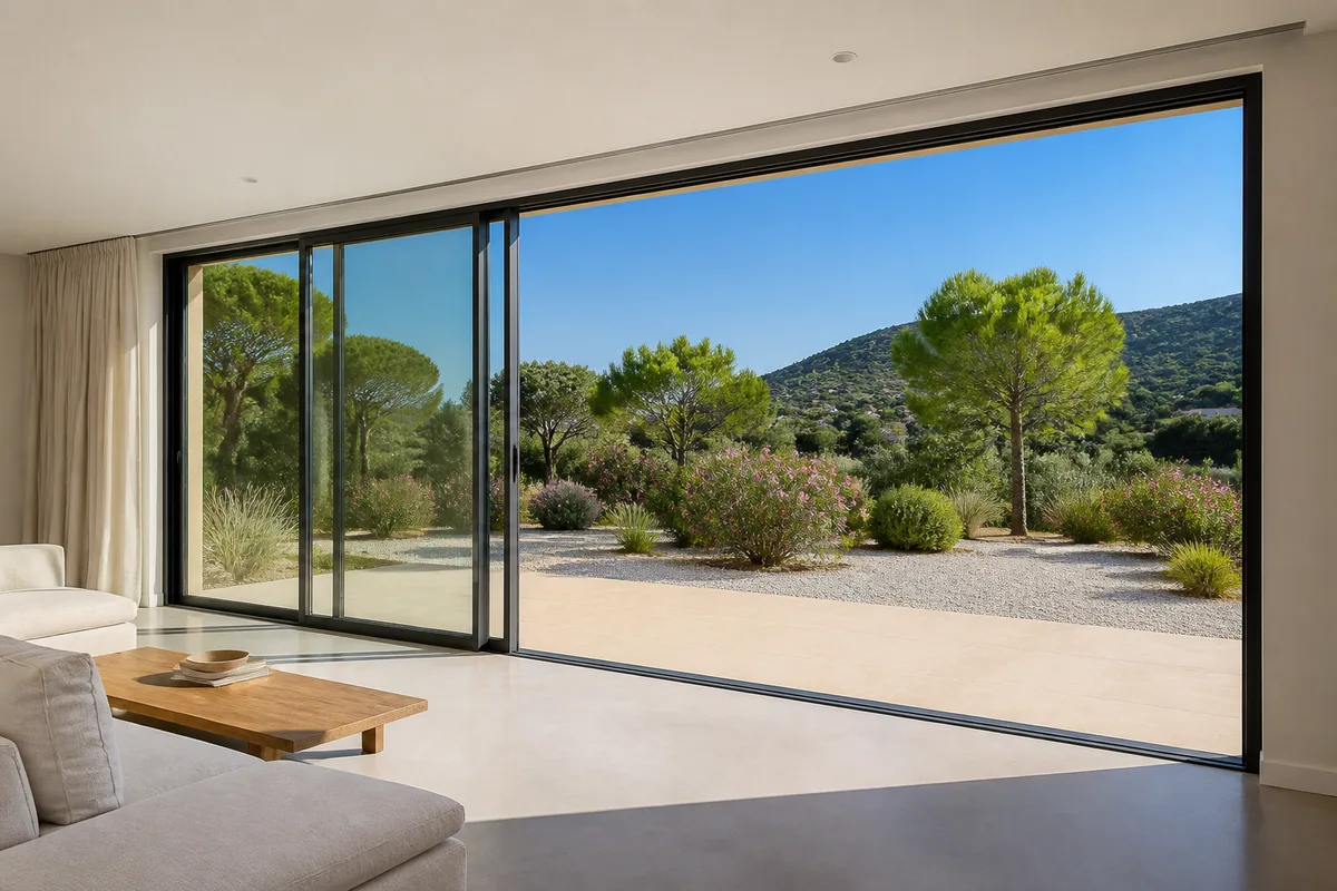 Grande baie coulissante en aluminium gris anthracite ouverte sur une terrasse méridionale ensoleillée