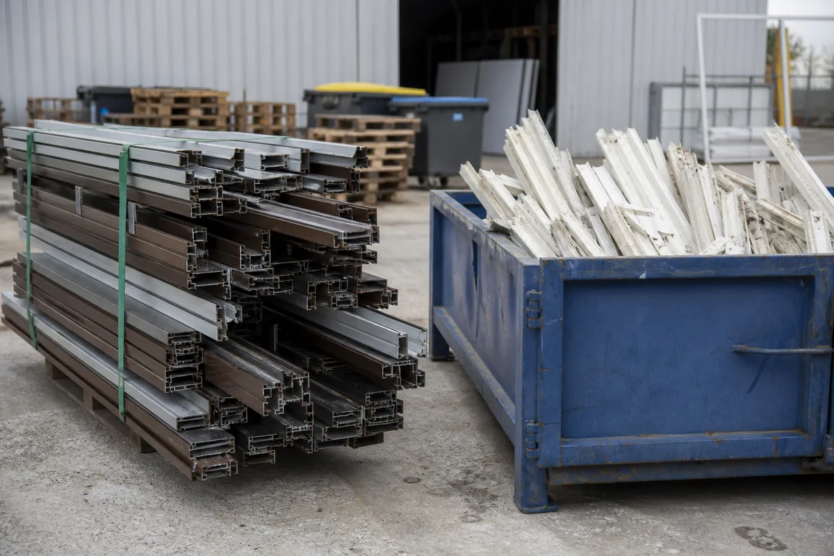 Profilés de menuiserie déposés triés par matière sur une aire de recyclage professionnelle