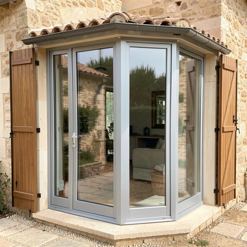 Baie coulissante aluminium gris anthracite ouverte sur une terrasse