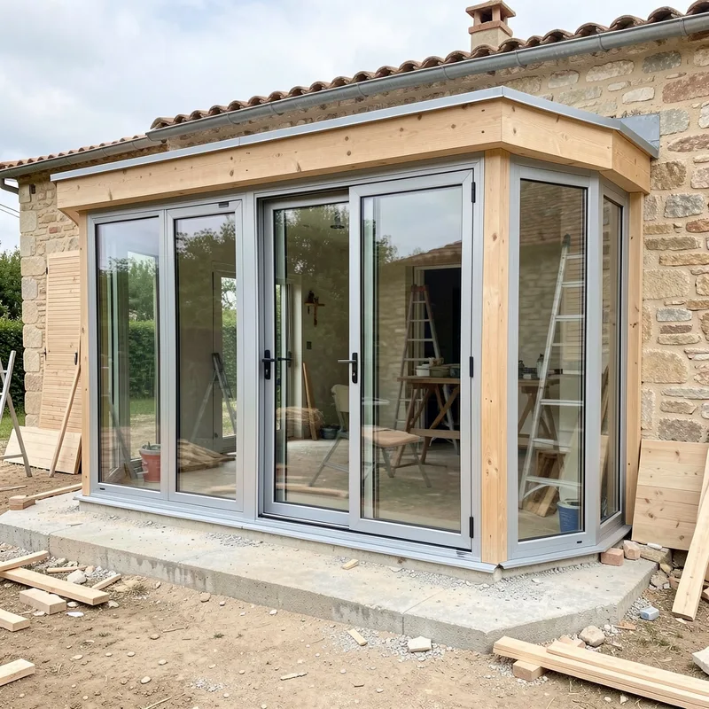 Menuisier réglant une porte-fenêtre aluminium sur mesure