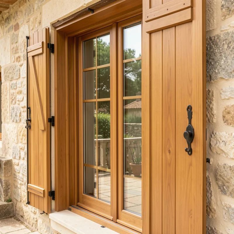 Fenêtre en chêne à petits bois sur une façade en pierre du Quercy
