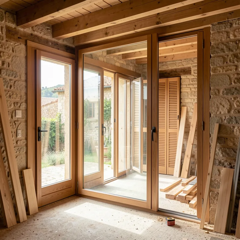 Application d’une lasure protectrice sur une fenêtre bois en atelier