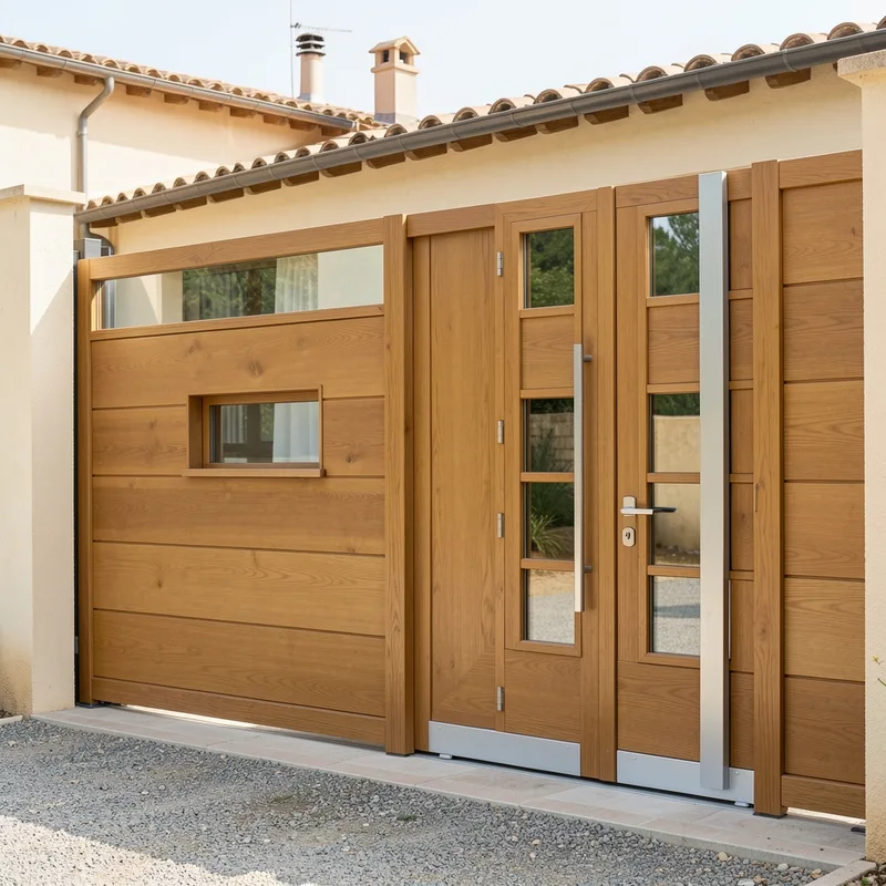 Portail coulissant aluminium gris devant une maison du Sud