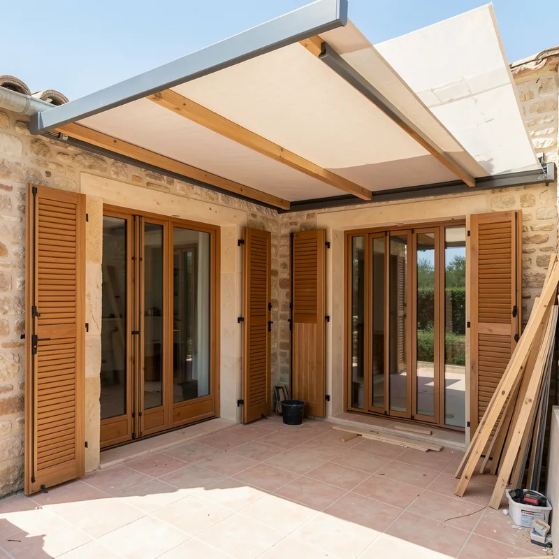 Menuisier fixant un store banne sur la façade d’une maison